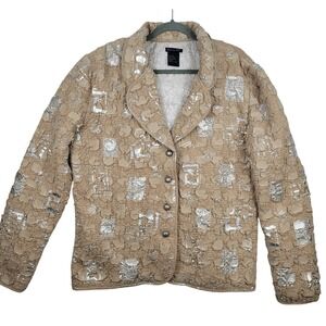 Womens XL VTG Tally Ho Quilted Jacket Puffer Beige Metallic Silver Lightweight